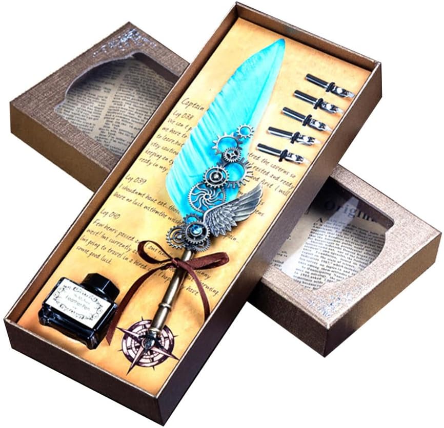 Quill Pen,Feather Pen,Quill Pen And Ink Set,Quill Pens For Writing,Feather Pen Set,Wings Fountain Pen Dip Pen Quill And Ink Set For Writing With Black Ink 5 Replaceable Nibs Gift Set