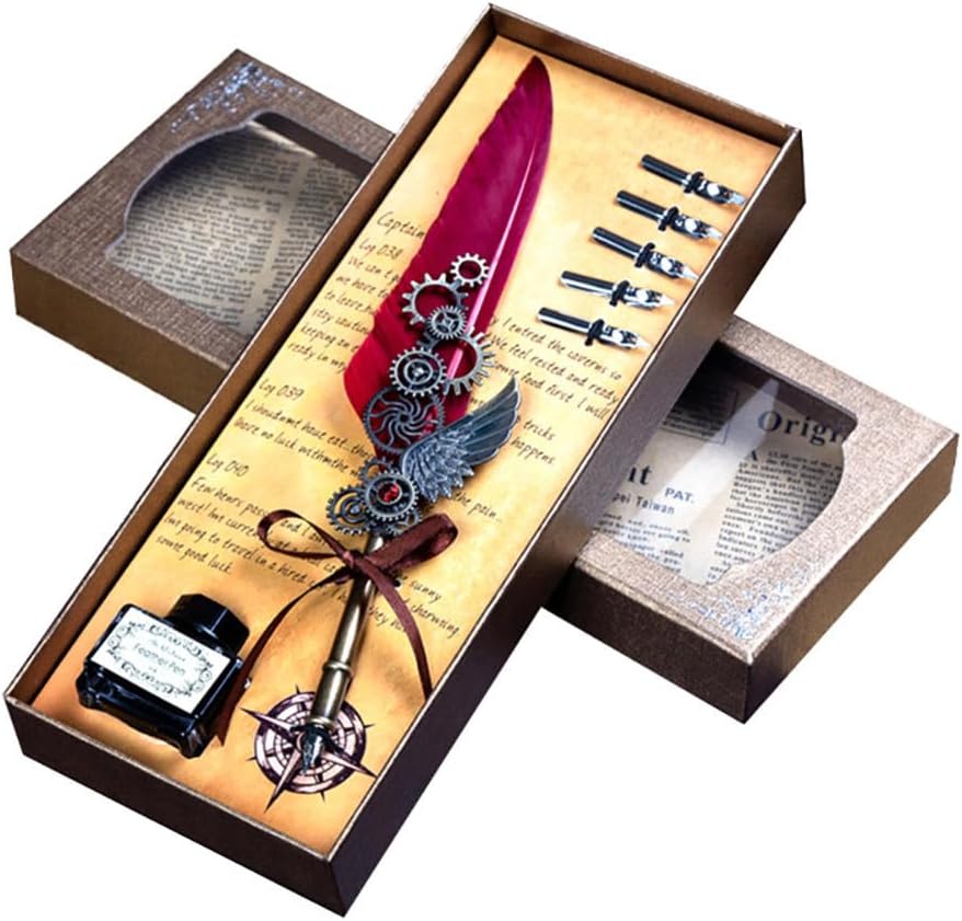 Quill Pen,Feather Pen,Quill Pen And Ink Set,Quill Pens For Writing,Feather Pen Set,Wings Fountain Pen Dip Pen Quill And Ink Set For Writing With Black Ink 5 Replaceable Nibs Gift Set