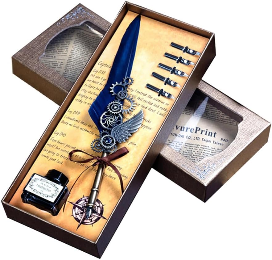 Quill Pen,Feather Pen,Quill Pen And Ink Set,Quill Pens For Writing,Feather Pen Set,Wings Fountain Pen Dip Pen Quill And Ink Set For Writing With Black Ink 5 Replaceable Nibs Gift Set
