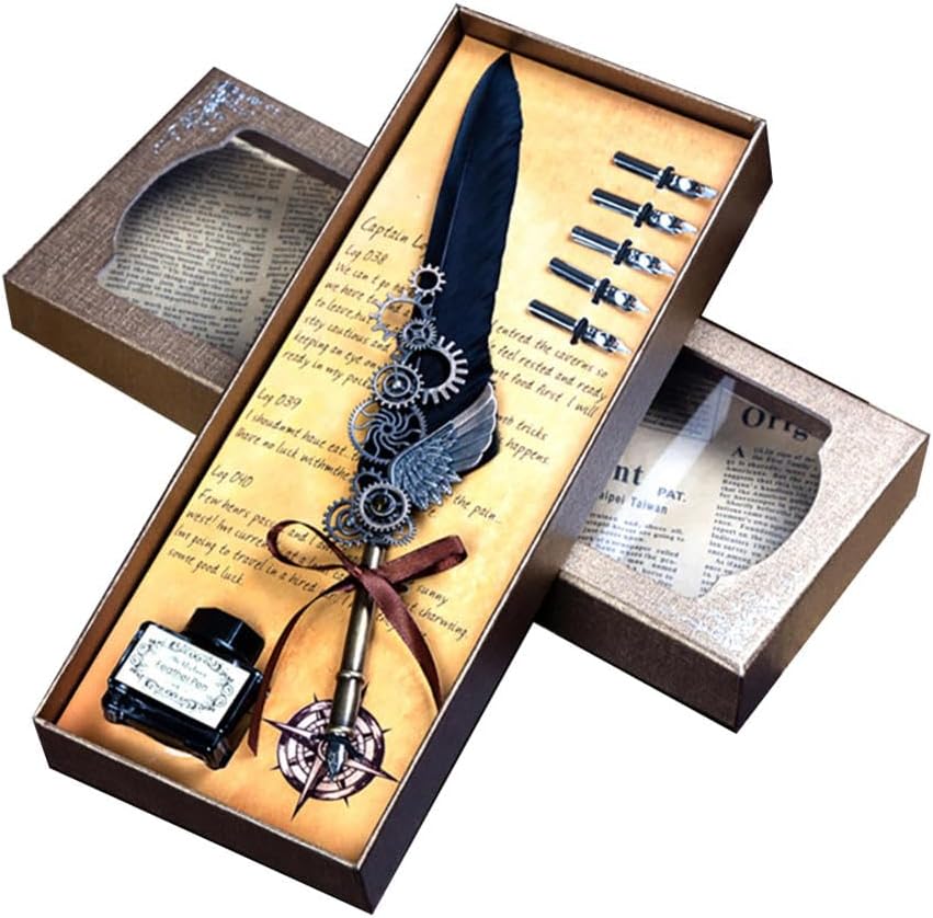 Quill Pen,Feather Pen,Quill Pen And Ink Set,Quill Pens For Writing,Feather Pen Set,Wings Fountain Pen Dip Pen Quill And Ink Set For Writing With Black Ink 5 Replaceable Nibs Gift Set