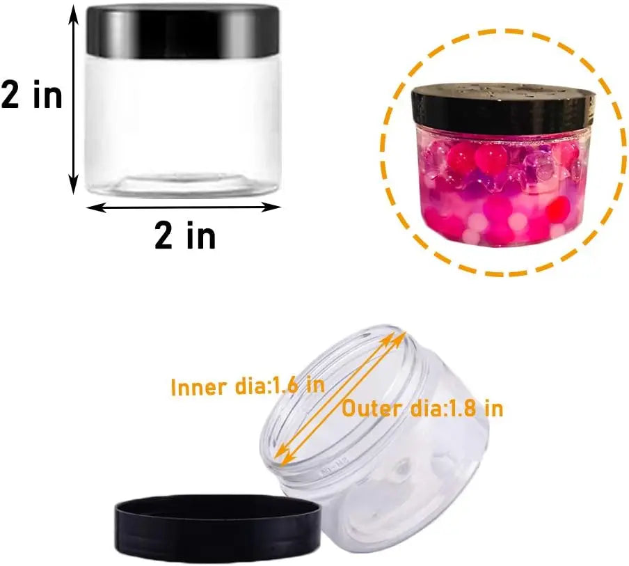 20 Pack 2 oz Clear Plastic Round Slime Containers,Empty Plastic Storage Jars with Black Lids,Refillable Storage Container