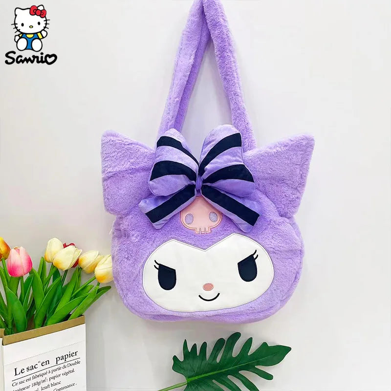 Kawaii Sanrio Kuromi Plush Bag Women Tote Bag Shoulder Bag Cute Cartoon Kuromi Large Capacity Handbag Makeup Storage Bag Gifts
