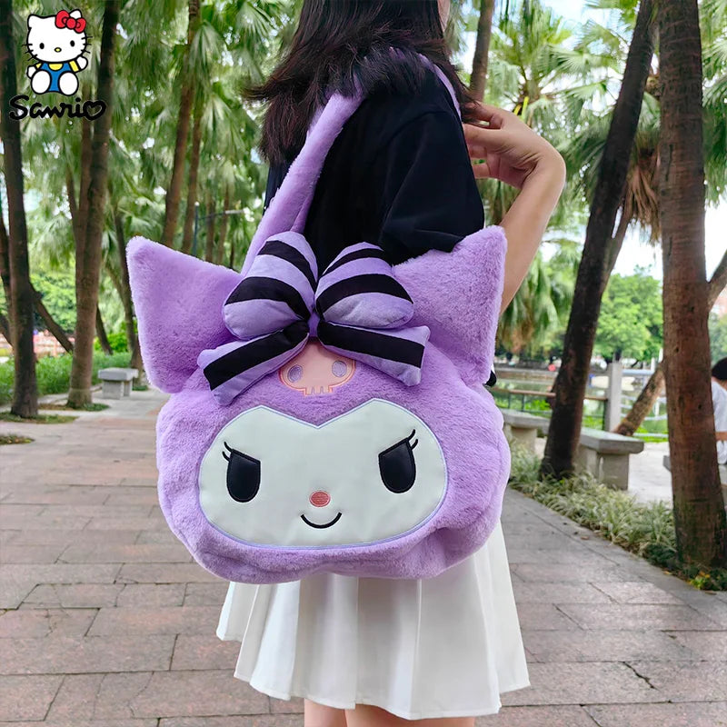Kawaii Sanrio Kuromi Plush Bag Women Tote Bag Shoulder Bag Cute Cartoon Kuromi Large Capacity Handbag Makeup Storage Bag Gifts