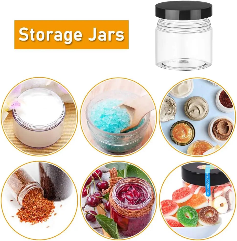 20 Pack 2 oz Clear Plastic Round Slime Containers,Empty Plastic Storage Jars with Black Lids,Refillable Storage Container