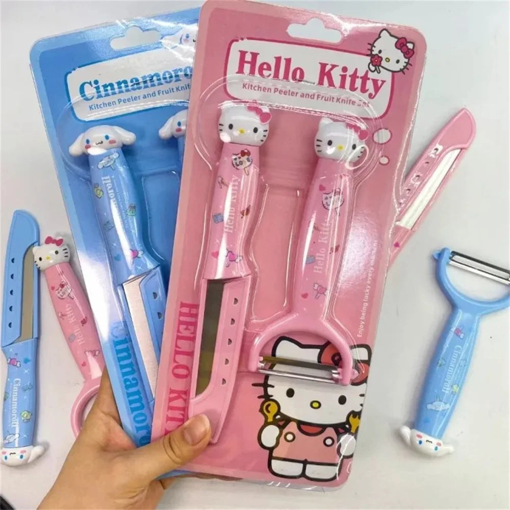 Kawaii Hello Kitty Fruit Peeling Knife Set Sanrio Anime Cute Kuromi Cinnamoroll My Melody Multifunctional Stainless Steel Peeler