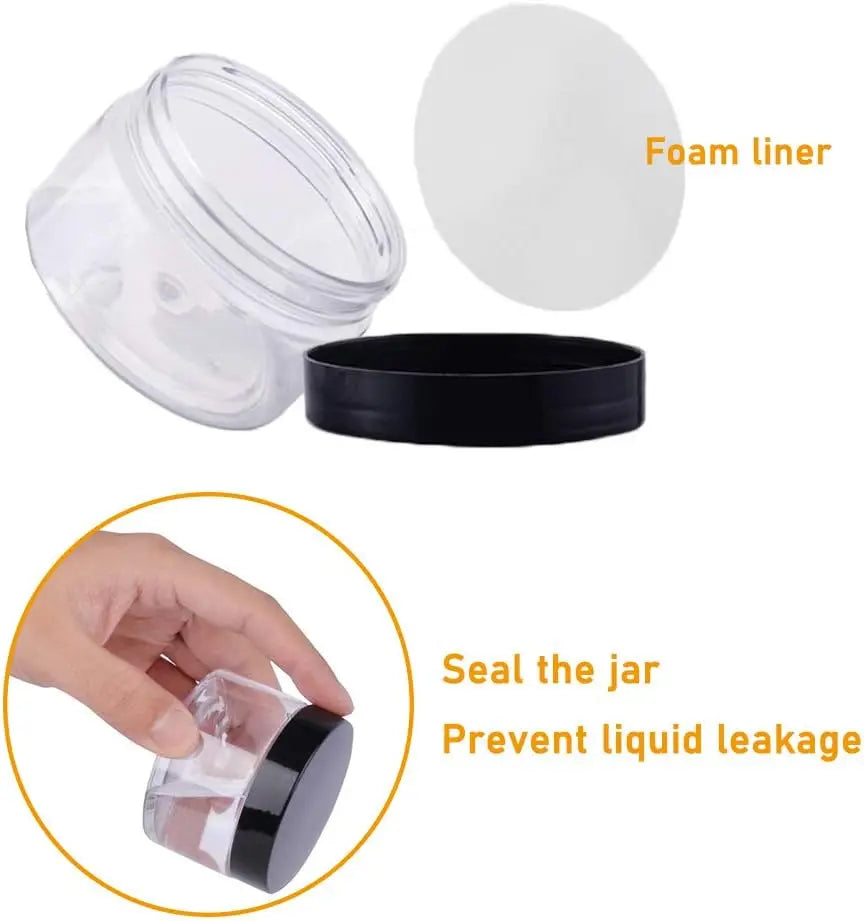 20 Pack 2 oz Clear Plastic Round Slime Containers,Empty Plastic Storage Jars with Black Lids,Refillable Storage Container
