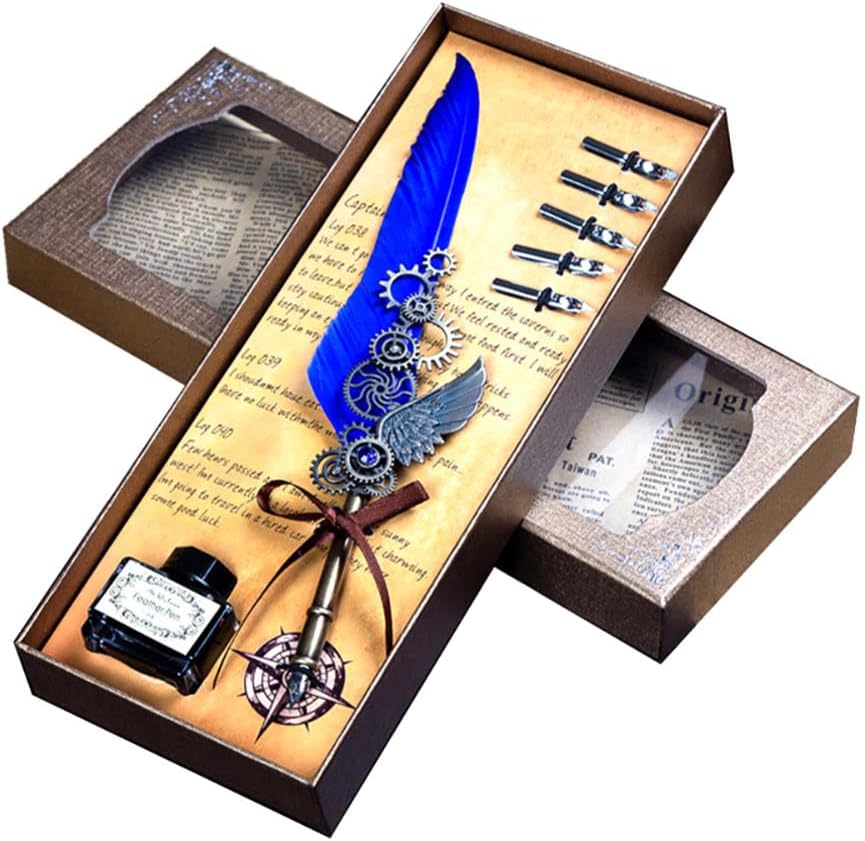 Quill Pen,Feather Pen,Quill Pen And Ink Set,Quill Pens For Writing,Feather Pen Set,Wings Fountain Pen Dip Pen Quill And Ink Set For Writing With Black Ink 5 Replaceable Nibs Gift Set