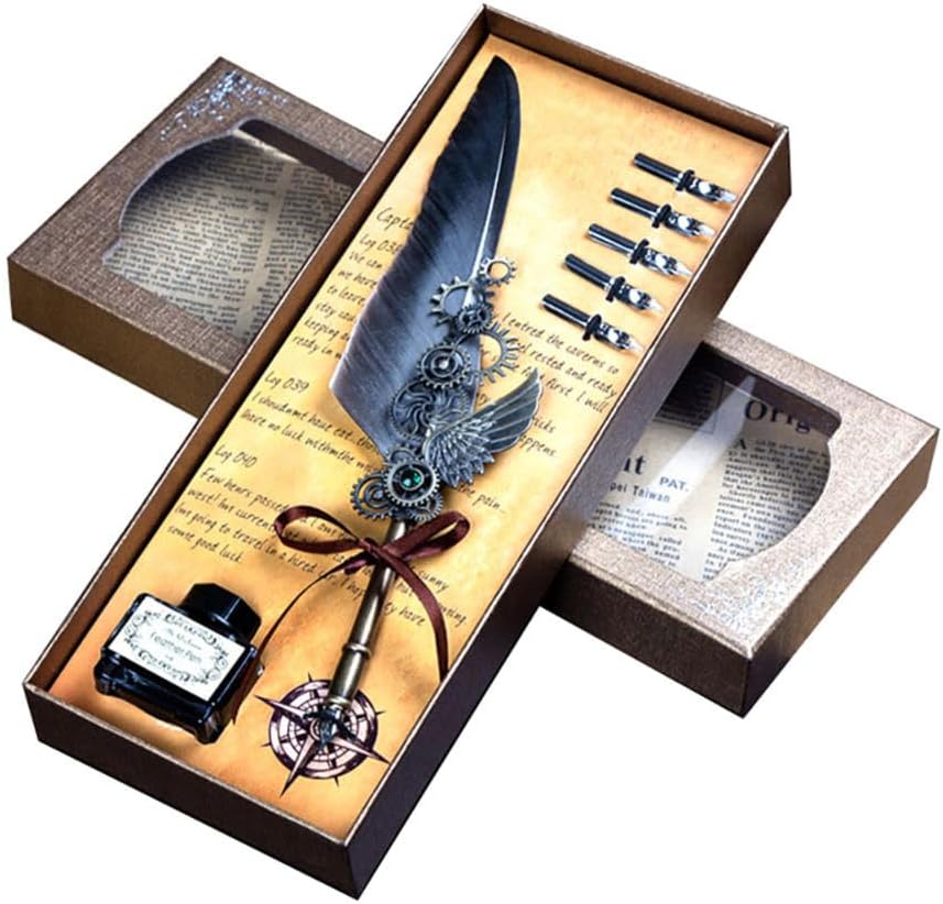 Quill Pen,Feather Pen,Quill Pen And Ink Set,Quill Pens For Writing,Feather Pen Set,Wings Fountain Pen Dip Pen Quill And Ink Set For Writing With Black Ink 5 Replaceable Nibs Gift Set