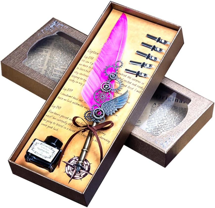 Quill Pen,Feather Pen,Quill Pen And Ink Set,Quill Pens For Writing,Feather Pen Set,Wings Fountain Pen Dip Pen Quill And Ink Set For Writing With Black Ink 5 Replaceable Nibs Gift Set