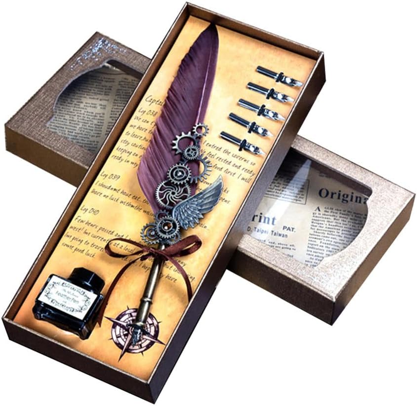 Quill Pen,Feather Pen,Quill Pen And Ink Set,Quill Pens For Writing,Feather Pen Set,Wings Fountain Pen Dip Pen Quill And Ink Set For Writing With Black Ink 5 Replaceable Nibs Gift Set