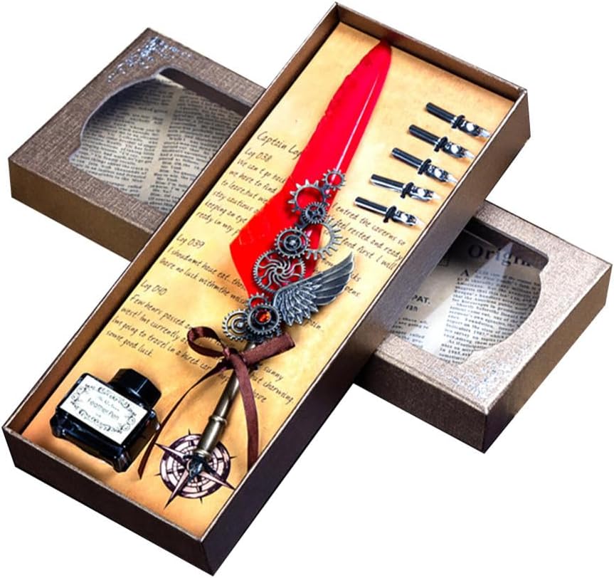 Quill Pen,Feather Pen,Quill Pen And Ink Set,Quill Pens For Writing,Feather Pen Set,Wings Fountain Pen Dip Pen Quill And Ink Set For Writing With Black Ink 5 Replaceable Nibs Gift Set