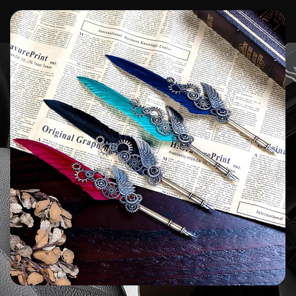 Quill Pen,Feather Pen,Quill Pen And Ink Set,Quill Pens For Writing,Feather Pen Set,Wings Fountain Pen Dip Pen Quill And Ink Set For Writing With Black Ink 5 Replaceable Nibs Gift Set