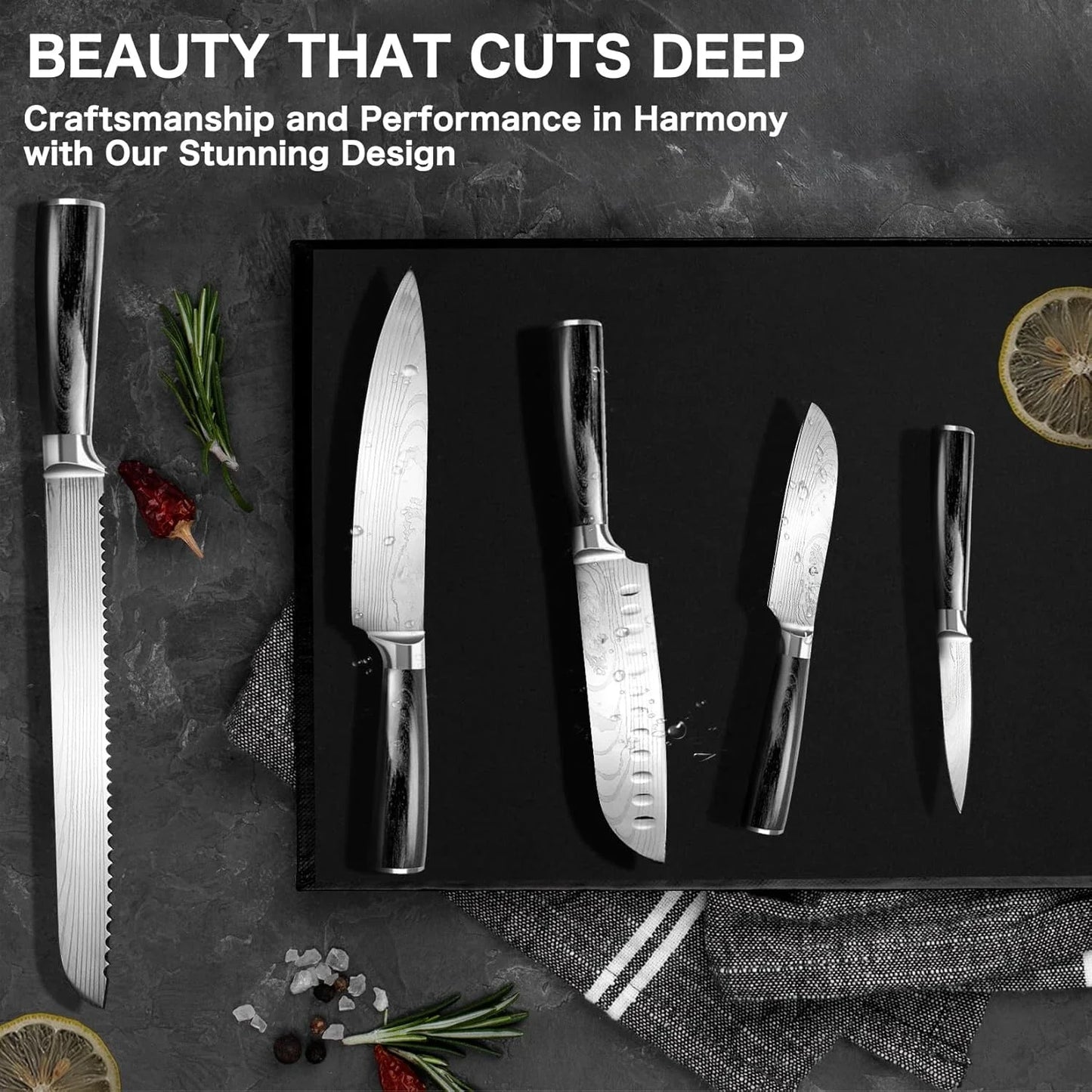 KUMIKO Kitchen Knife Set Black, 5-Piece Chef Knife Set, Ultra Sharp High Carbon Stainless Steel Knives (7Cr17MOV)，Black