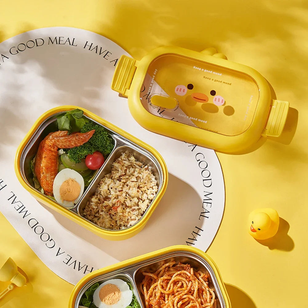 Kawaii Stainless Steel Children's Bento Box, Portable Food Container, Double-Sided Clip Seal, 2 Battery Compartments