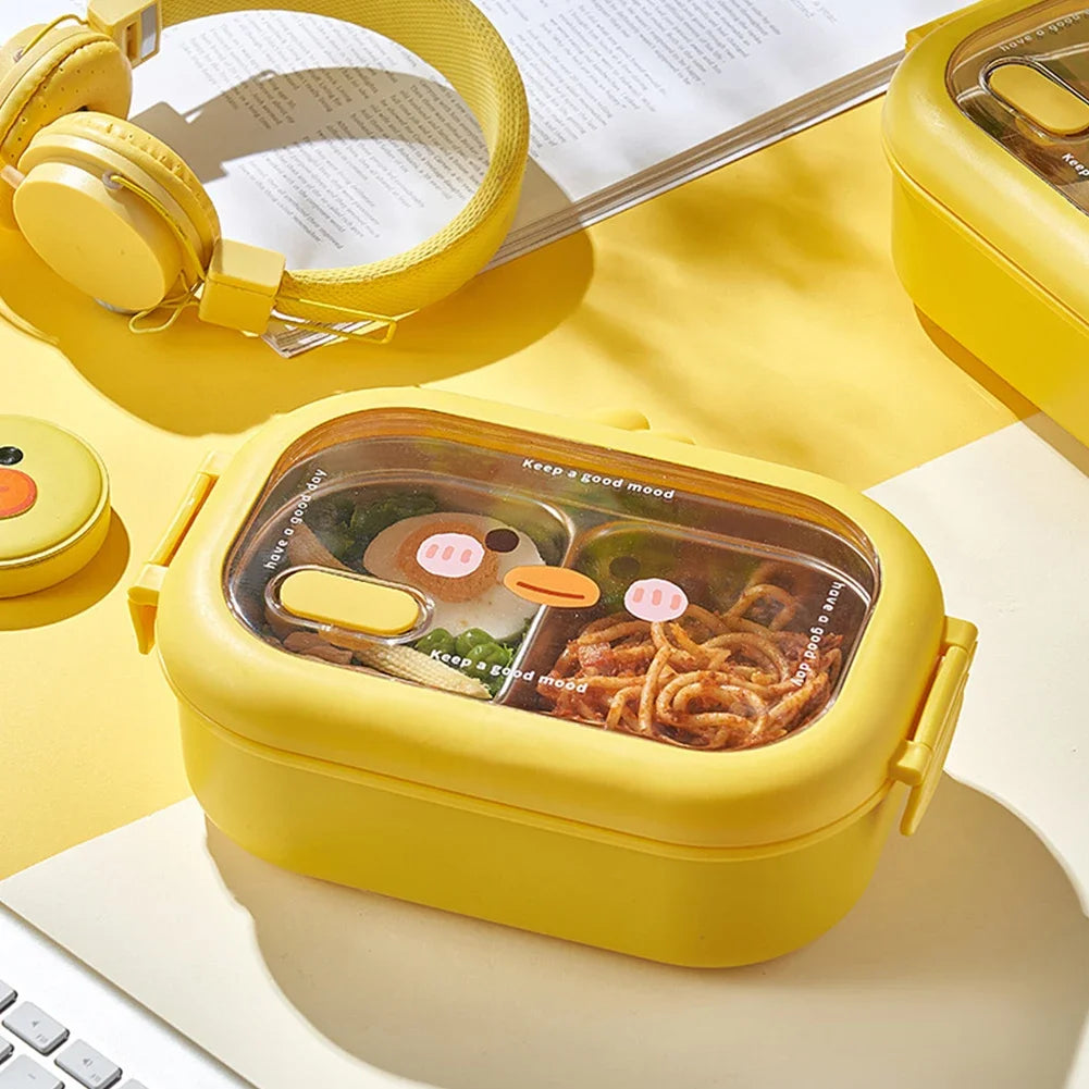Kawaii Stainless Steel Children's Bento Box, Portable Food Container, Double-Sided Clip Seal, 2 Battery Compartments