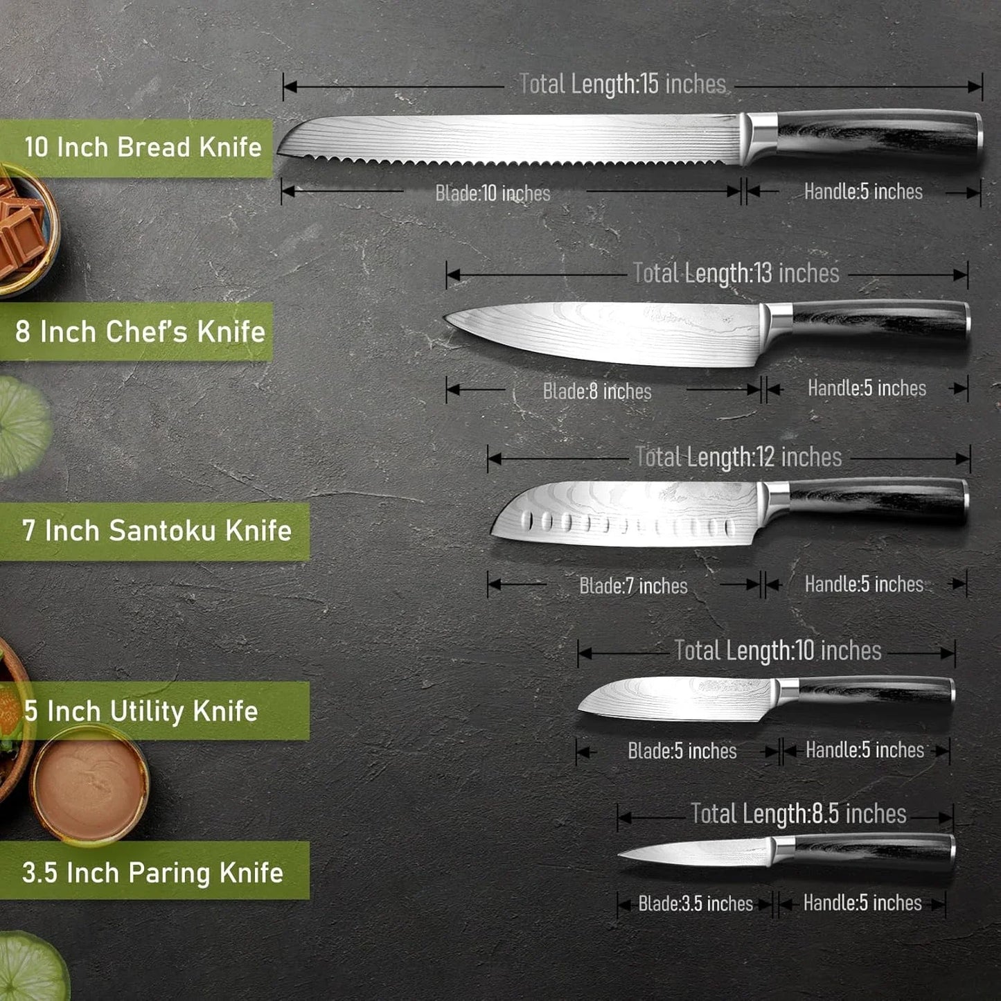 KUMIKO Kitchen Knife Set Black, 5-Piece Chef Knife Set, Ultra Sharp High Carbon Stainless Steel Knives (7Cr17MOV)，Black