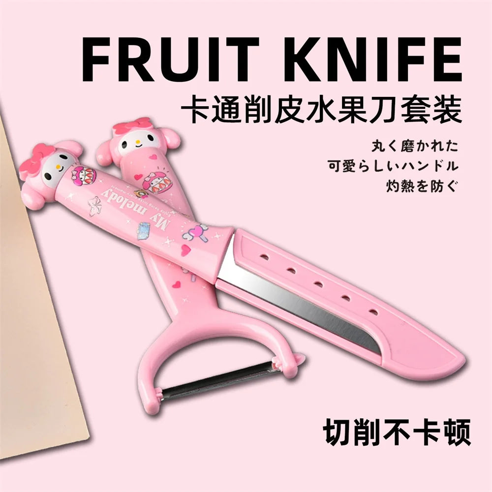 Kawaii Hello Kitty Fruit Peeling Knife Set Sanrio Anime Cute Kuromi Cinnamoroll My Melody Multifunctional Stainless Steel Peeler