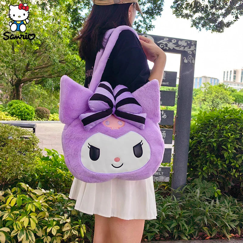 Kawaii Sanrio Kuromi Plush Bag Women Tote Bag Shoulder Bag Cute Cartoon Kuromi Large Capacity Handbag Makeup Storage Bag Gifts
