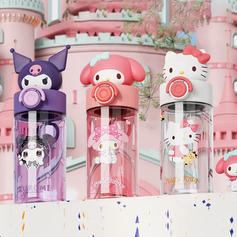 Miniso Straw Cup Hellokitty Loop Kawaii Cartoon Doll Water Cup Summer Student Portable Water Bottle Children's Gift