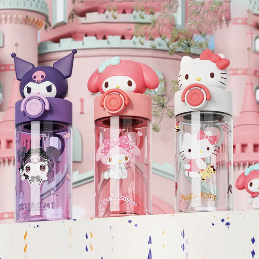 Miniso Straw Cup Hellokitty Loop Kawaii Cartoon Doll Water Cup Summer Student Portable Water Bottle Children's Gift
