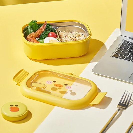 Kawaii Stainless Steel Children's Bento Box, Portable Food Container, Double-Sided Clip Seal, 2 Battery Compartments