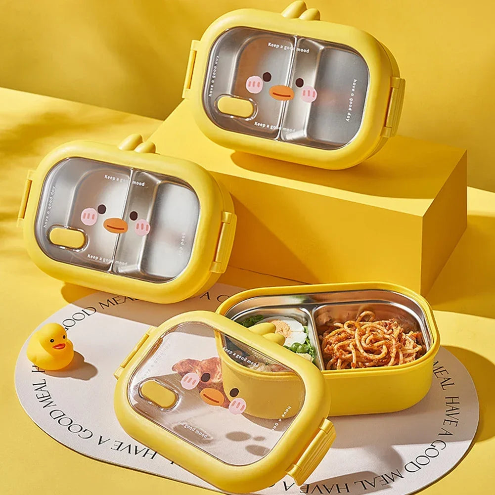 Kawaii Stainless Steel Children's Bento Box, Portable Food Container, Double-Sided Clip Seal, 2 Battery Compartments