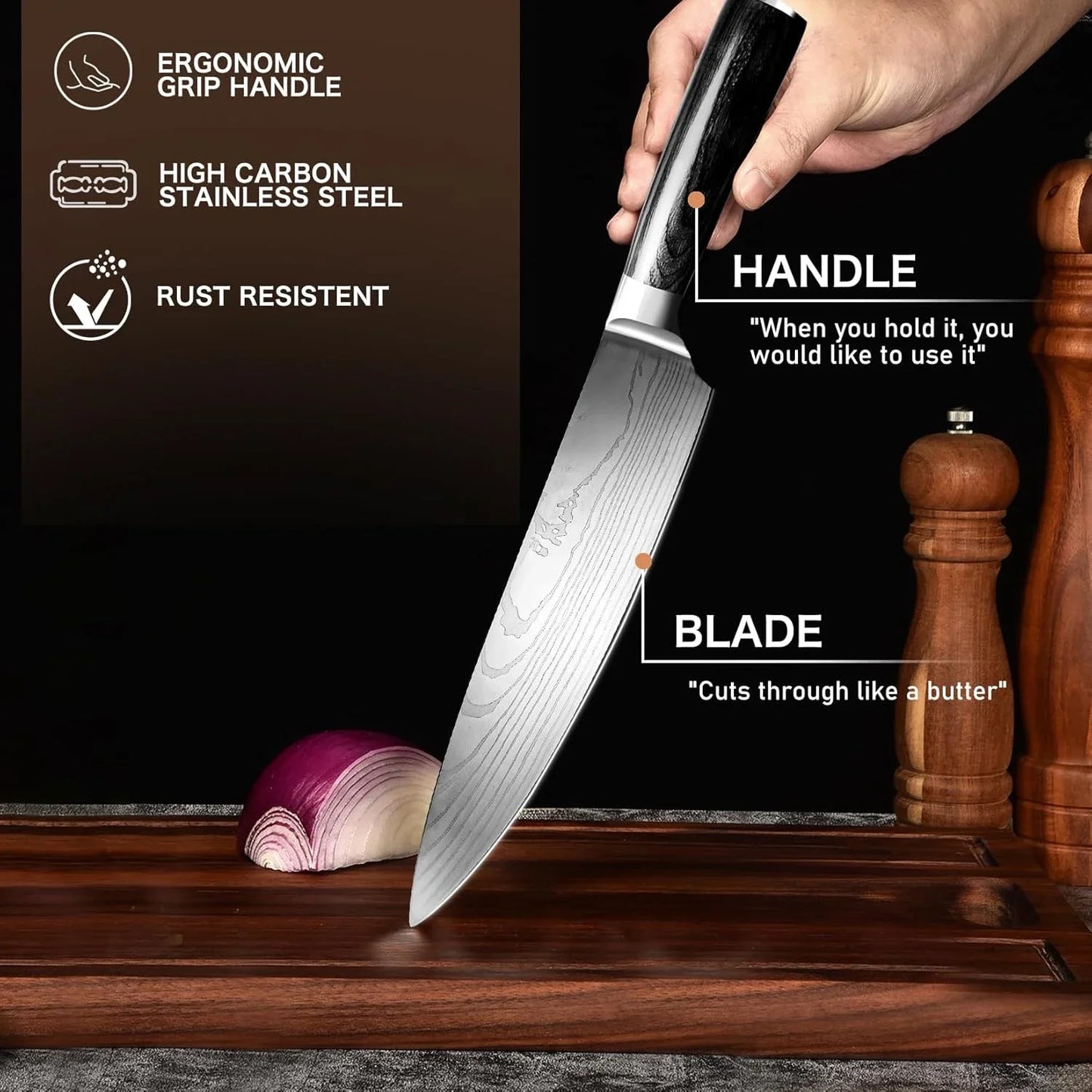 KUMIKO Kitchen Knife Set Black, 5-Piece Chef Knife Set, Ultra Sharp High Carbon Stainless Steel Knives (7Cr17MOV)，Black