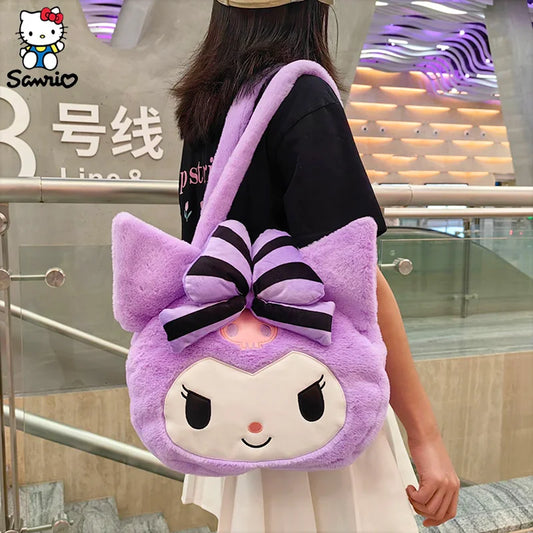 Kawaii Sanrio Kuromi Plush Bag Women Tote Bag Shoulder Bag Cute Cartoon Kuromi Large Capacity Handbag Makeup Storage Bag Gifts