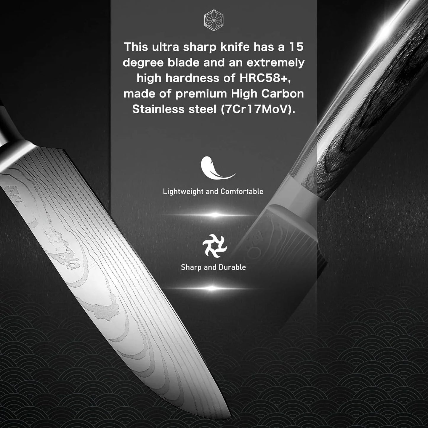 KUMIKO Kitchen Knife Set Black, 5-Piece Chef Knife Set, Ultra Sharp High Carbon Stainless Steel Knives (7Cr17MOV)，Black