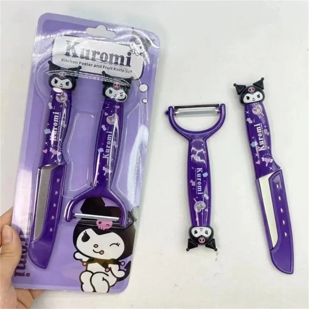 Kawaii Hello Kitty Fruit Peeling Knife Set Sanrio Anime Cute Kuromi Cinnamoroll My Melody Multifunctional Stainless Steel Peeler
