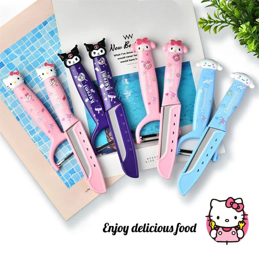 Kawaii Hello Kitty Fruit Peeling Knife Set Sanrio Anime Cute Kuromi Cinnamoroll My Melody Multifunctional Stainless Steel Peeler