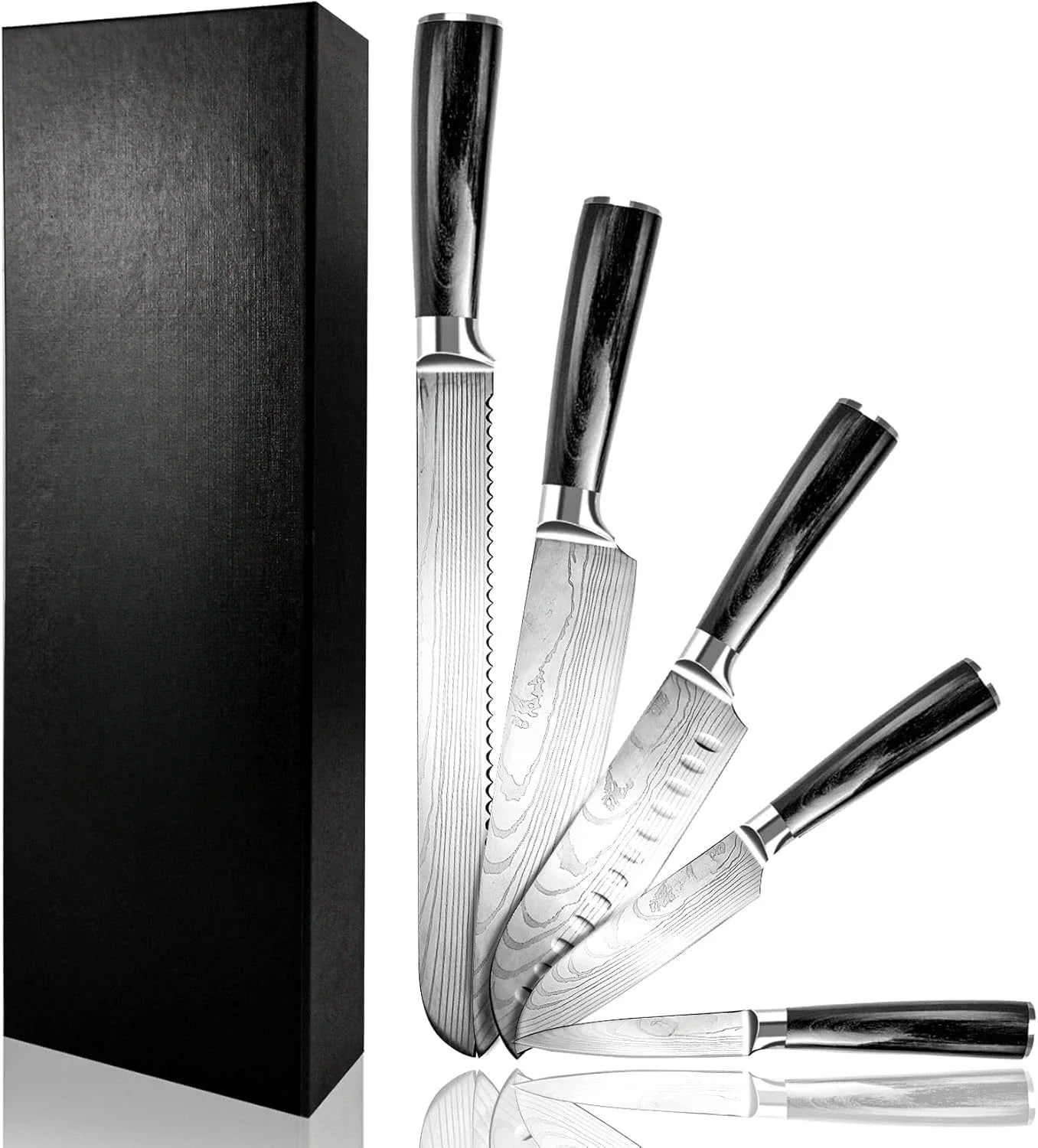 KUMIKO Kitchen Knife Set Black, 5-Piece Chef Knife Set, Ultra Sharp High Carbon Stainless Steel Knives (7Cr17MOV)，Black