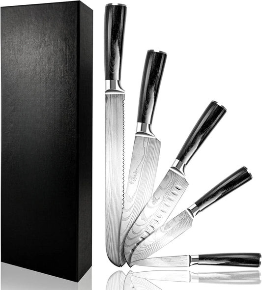 KUMIKO Kitchen Knife Set Black, 5-Piece Chef Knife Set, Ultra Sharp High Carbon Stainless Steel Knives (7Cr17MOV)，Black
