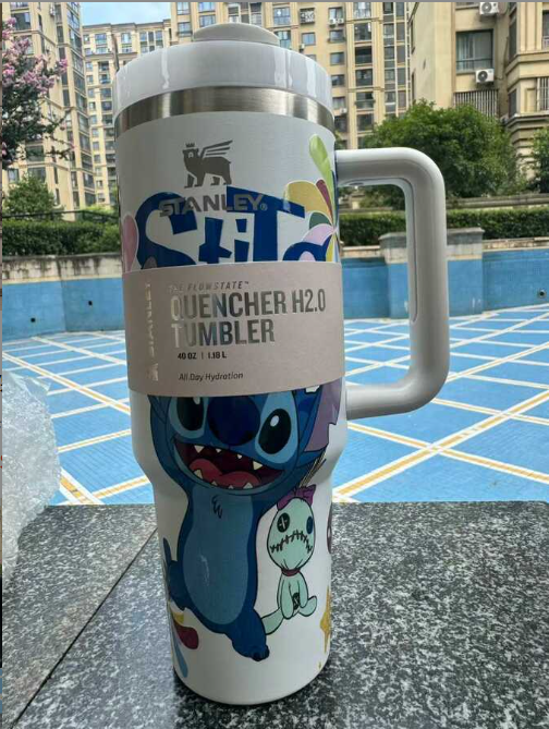 Stitch And Angel Stainless Steel Tumbler Cartoon Comic Thermal Mug With Straws And Lid 40oz Mugs Cup Cold And Hot Water Bottle
