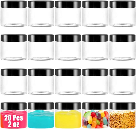 20 Pack 2 oz Clear Plastic Round Slime Containers,Empty Plastic Storage Jars with Black Lids,Refillable Storage Container