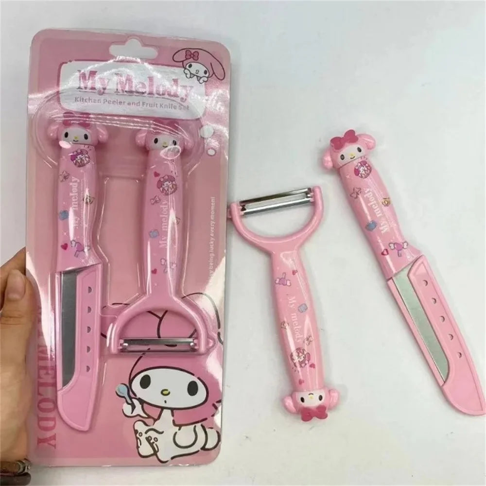 Kawaii Hello Kitty Fruit Peeling Knife Set Sanrio Anime Cute Kuromi Cinnamoroll My Melody Multifunctional Stainless Steel Peeler